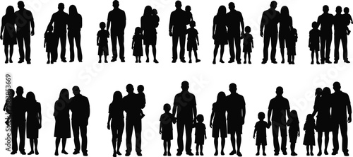 Silhouette diverse family groups, parents and children, single parent, two parent, multiple kids, standing together, holding hands, generational love, unity, bonding