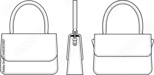 Technical vector illustration of structured handbag with top handle, flap closure, stitching details, front, side, and back design views