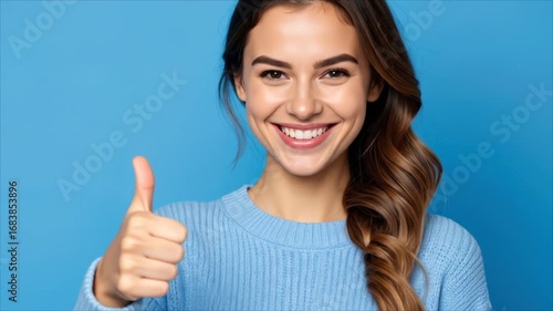 Woman smiling thumbs up portrait