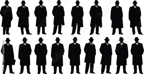 Vector silhouettes of men in trench coats and hats with posture and accessory variations for fashion, design, and character modeling use