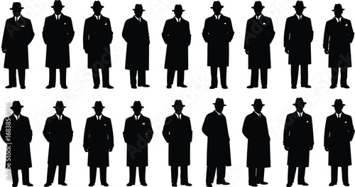 Vector silhouettes of men in formal trench coats, suits, ties, and hats with subtle posture variations for fashion and design use