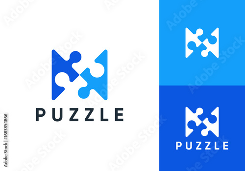 puzzle people logo. recruitment social hub connection icon design concept