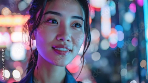 Womans face with soft lighting and blurred city background portrait focusing on expression and modern aesthetic