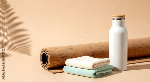 Yoga mat, towels and water bottle for healthy lifestyle on beige background