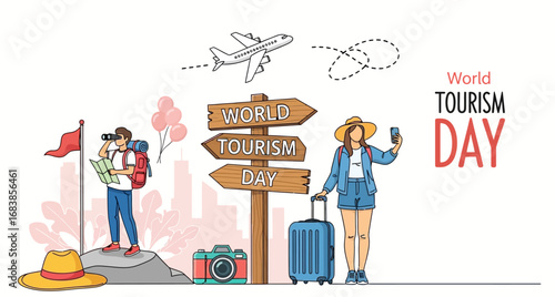Illustration design vector art of world tourism day illustration with travelers and signs