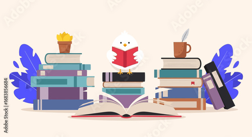 Illustration design vector art of colorful books and characters in reading illustration