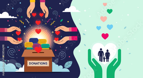 Illustration design vector art of hands holding donation box with hearts and people icon