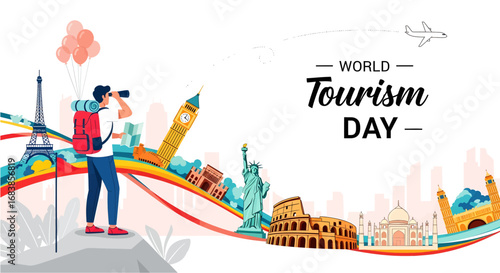 Illustration design vector art of celebrating world tourism day with global landmarks