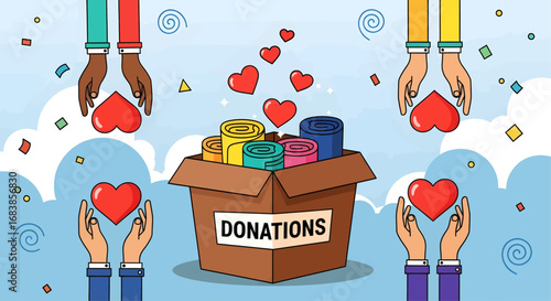 Illustration design vector art of hands donating love and gifts in colorful box