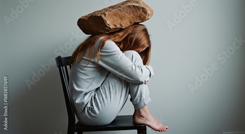 Young woman overwhelmed by heavy burden feels crushing stress and emotional weight in isolation