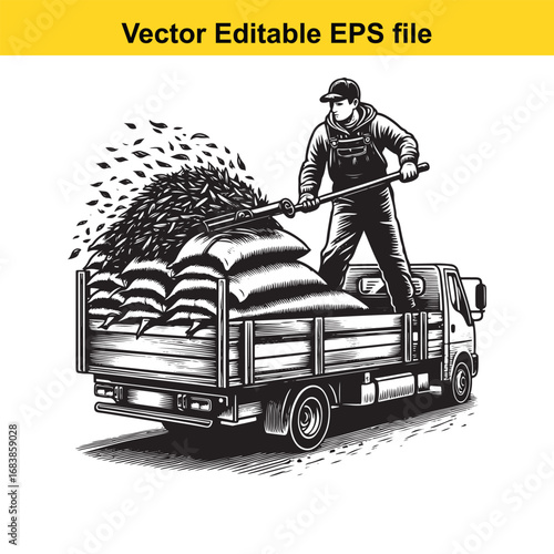 Farmer loading fertilizer bags onto a truck with a shovel