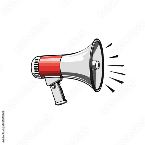 A graphic representation of a megaphone with a red and white design, radiating sound waves.