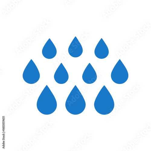 A simple graphic illustration featuring a cluster of ten blue water droplets falling against a solid black background symbolizing rain or liquid precipitation in a clean minimalist style
