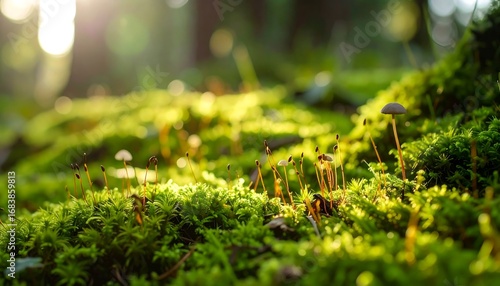 Sunlit forest floor covered in moss and small fungi