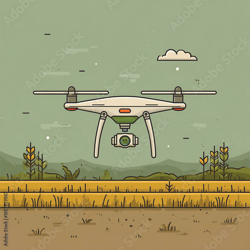 Vector illustration of a drone flying over farmland with mountains in the background. Vector illustration