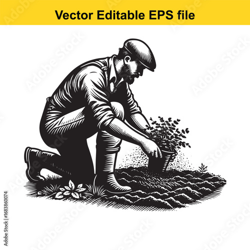 Gardener planting a small plant in the soil, vintage illustration style