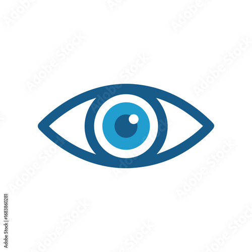 A stylized graphic representation of a human eye with a bright blue iris and a dark pupil set against a stark black background symbolizing vision and observation