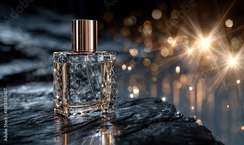 Elegant perfume bottle with gold accents, presented against a glittering backdrop