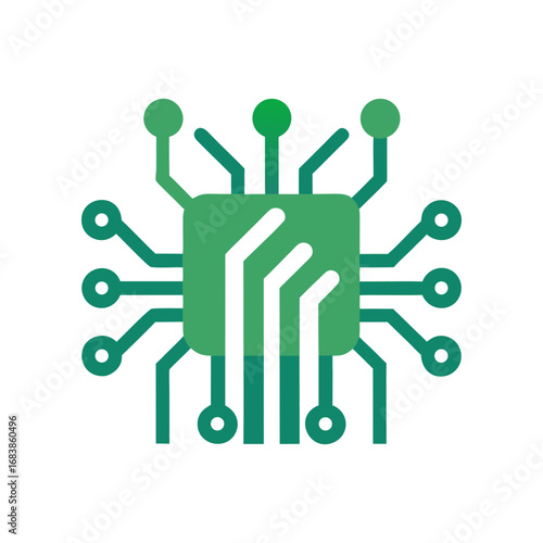 Modern minimalist green circuit board chip with radiating lines and circular connections on a stark black background representing technology and data processing