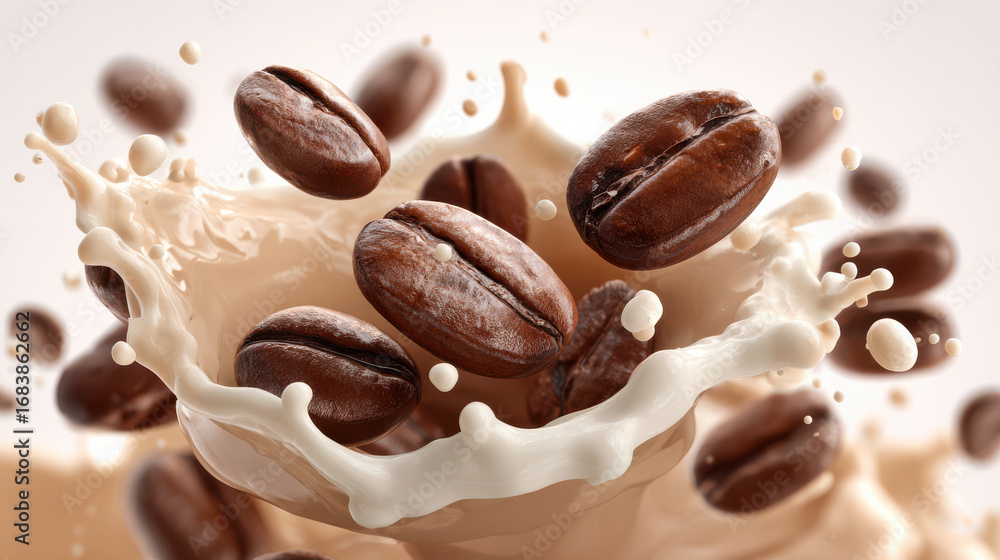 Fototapeta premium Close up of fresh roasted coffee beans with liquid splash