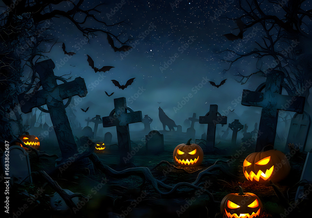 Fototapeta premium Spooky halloween graveyard scene with glowing jack o lanterns and flying bats under a starry night sky