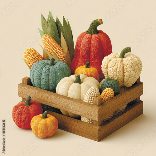 llustration of colorful pumpkins, squash, and corn arranged in a wooden crate, symbolizing fall harvest and seasonal farming. Vector illustration