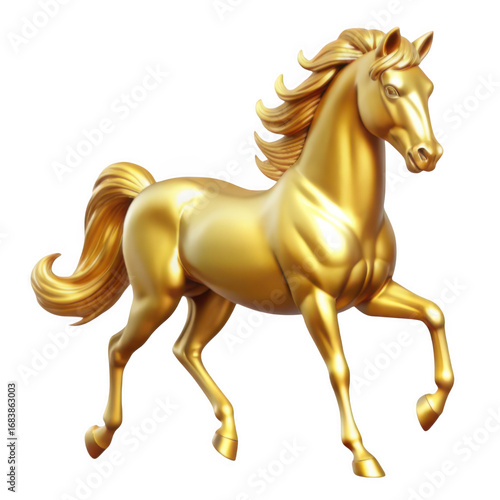 3d golden horse sculpture dynamic pose majestic animal render transparent background