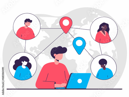 Modern global connection illustration with people communicating via technology