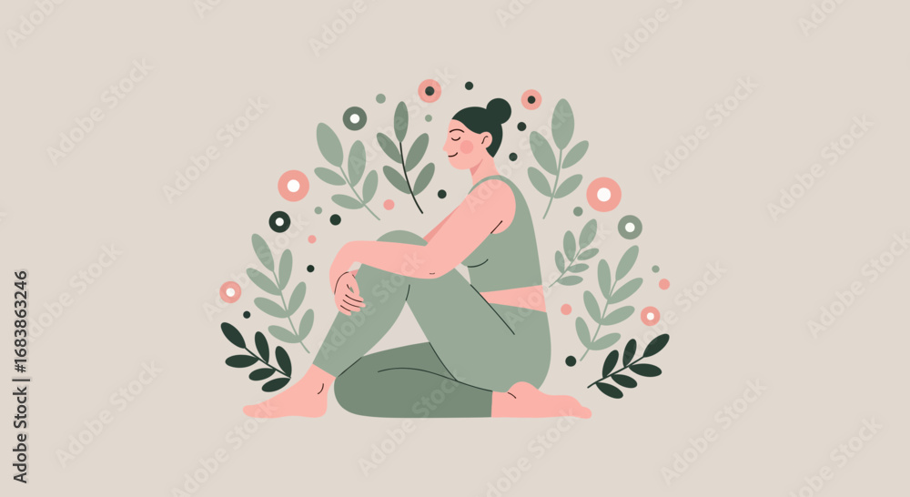 Fototapeta premium Woman sitting peacefully surrounded by plants and flowers, representing wellness, mindfulness, and connection with nature