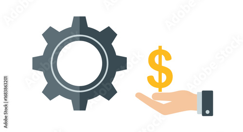Gear and dollar sign on a hand, representing financial investment in industry and mechanical production