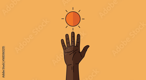 Hand reaching up towards a bright orange sun against a warm orange background, symbolizing aspiration and hope