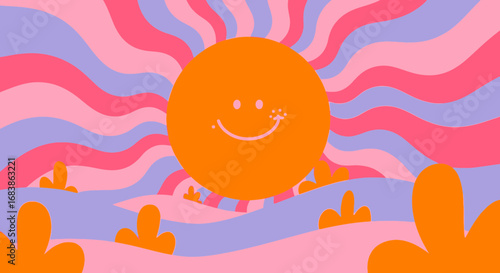 A cheerful, smiling sun with wavy lines in pink, purple, and orange, evoking a groovy, psychedelic, and happy atmosphere