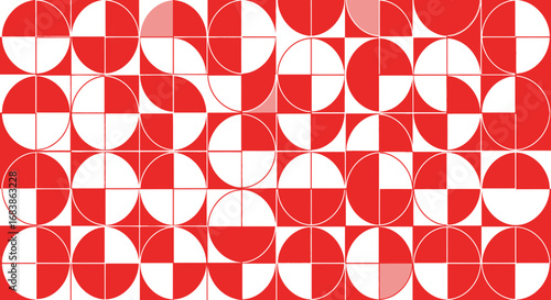 Geometric pattern of red and white circles divided into quadrants, creating a modern, abstract, and visually striking design