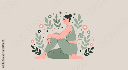 Woman sitting peacefully surrounded by plants and flowers, representing wellness, mindfulness, and connection with nature
