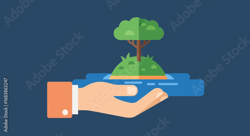 Hand holding a small island with a tree, symbolizing environmental protection, sustainability, and care for nature