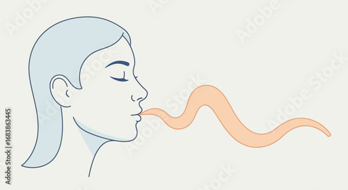 Woman exhaling a wavy stream of air, representing breath or scent, with eyes closed in a calm expression