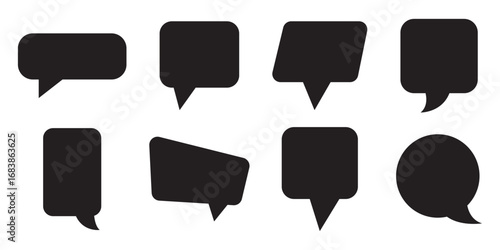 Black speech bubbles collection, comic dialogue shapes, blank talk clouds, chat message icons, vector illustration, communication symbols, text box design, dialog balloon set
