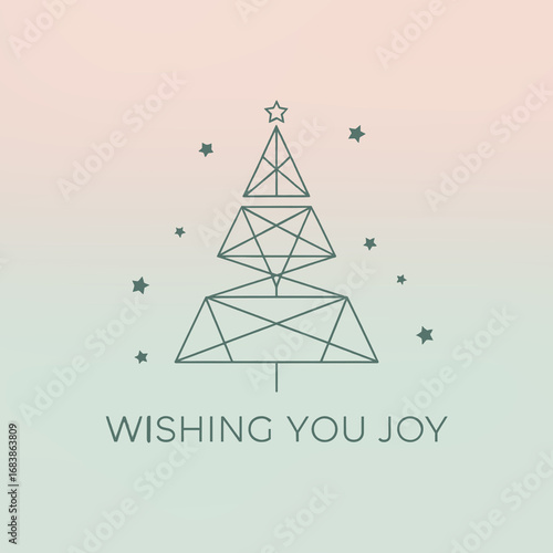 Joyful holiday greeting featuring a minimalist Christmas tree design with stars on a soft pastel background