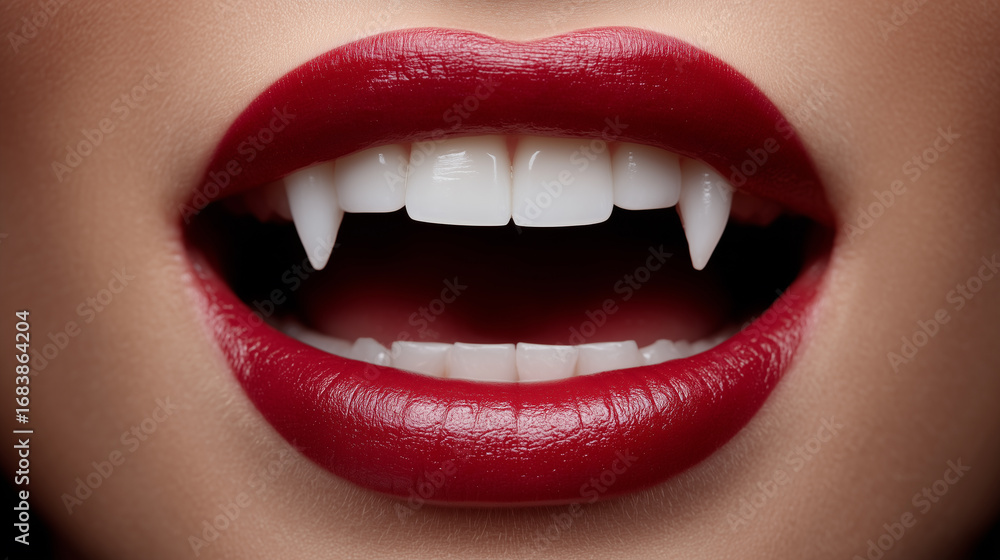 Obraz premium Female vampire fangs with red lips.