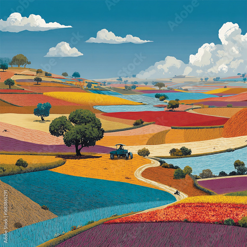 Vibrant illustration of patchwork farmland with fields in bright colors, a tractor on a country road, and rolling hills. Vector illustration