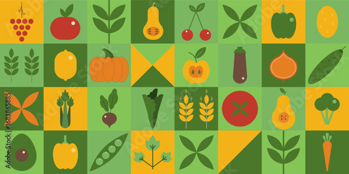 Flat vector illustration with geometric icons of fresh fruits and vegetables, organic food, farming, agriculture, healthy eating, eco lifestyle and natural product design.