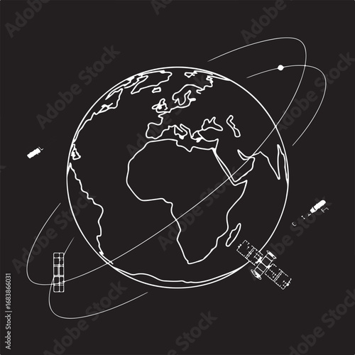 Global satellite network illustrating earth orbiting satellites and communication systems in a stylized white line drawing on a dark background