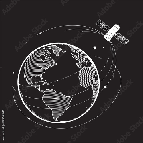 A stylized illustration of planet earth with a satellite orbiting in space depicting global connectivity and technological advancement