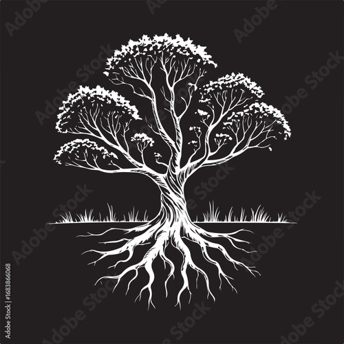 Striking white illustration of a majestic ancient tree with intricate roots and a full canopy against a stark black background symbolizing nature s enduring strength and beauty