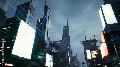 Low angle view of futuristic cityscape with tall buildings and flying drone under cloudy sky