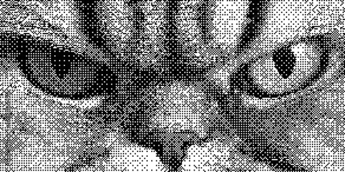Close-up pixel portrait of cat face in high-contrast black and white. Retro bitmap aesthetic with 8-bit pixel structure and bold dithering effect, vector illustration