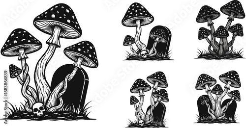 Black and white spooky mushrooms with gravestone and skull, Halloween graveyard illustration, dark gothic mushroom art set