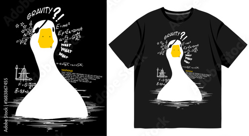 Trendy black t-shirt featuring white goose illustration with yellow beak and abstract handwritten typography graphic design