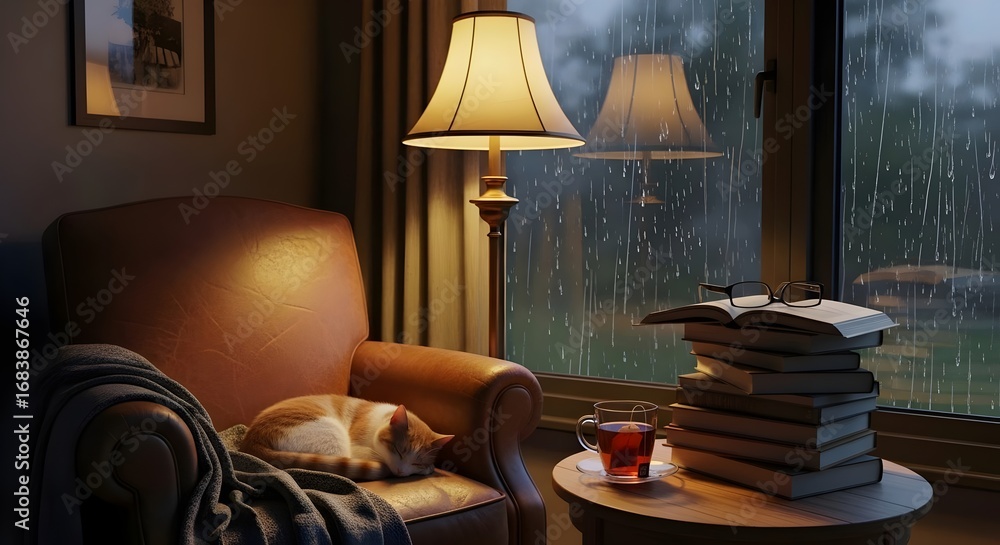 Obraz premium Reading nook study room cozy and calm with books, comfortable sofa, lamp, glass of tea, cat and the rain that can be seen from the window