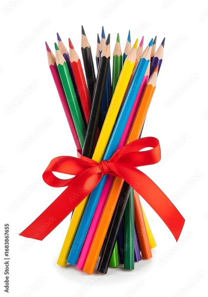 Fototapeta premium colored pencils tied with a ribbon, isolated on white